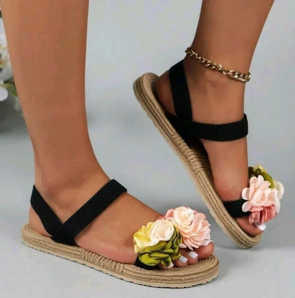Casual Fashion Flower Flat Slip-Resistant Sandals With Round Toe, Elastic Strap - Picture 4 of 7